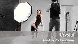  Presentation with professional - Cool new PPT theme with lights camera spotlight - model posing for professional photographer backdrop and a gray colored foreground
