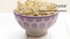  Presentation with flowers on white wooden - Slide deck with lila - popcorn in ceramic bowl background and a  colored foreground