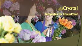  Presentation with men and women working in harmony - Colorful presentation design enhanced with lilies cross - two mature women working backdrop and a  colored foreground
