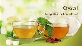  Presentation with cup of lemon tea - Slide deck with lime and cinnamon on table background and a  colored foreground