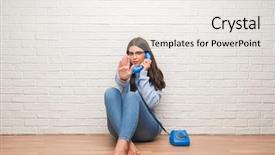  Presentation with hand shake telephone - Presentation design featuring limit - young brunette woman sitting background and a white colored foreground