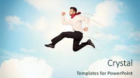  Presentation with blue business - Slides consisting of limited air - business person jumping over clouds background and a  colored foreground