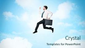  Presentation with blue business - Slide deck enhanced with limited air - business person jumping over clouds background and a  colored foreground