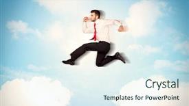  Presentation with metrics cloud collage business - Presentation enhanced with limited air - business person jumping over clouds background and a  colored foreground