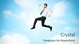  Presentation with metrics cloud collage business - Colorful presentation theme enhanced with limited air - business person jumping over clouds backdrop and a  colored foreground