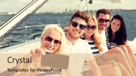  Presentation with travel friends - Theme enhanced with smiling friends sitting on yacht background and a lemonade colored foreground