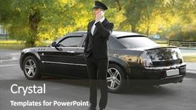  Presentation with luxury car - Cool new presentation with limousin - young chauffeur speaking by cellphone backdrop and a dark gray colored foreground