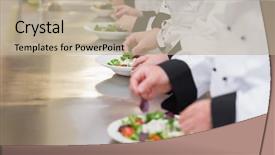  Presentation with rapid intervention team fire - Theme with food line - team of chef's preparing salads background and a mint green colored foreground
