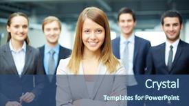  Presentation with female leader - Slide deck with line friends - group of friendly businesspeople background and a ocean colored foreground