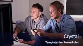  Presentation with video game - Presentation theme consisting of line friends - two young men playing video background and a navy blue colored foreground