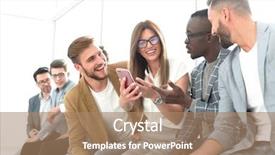  Presentation with people talking - PPT layouts with line friends - young people of different nationalities background and a coral colored foreground