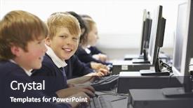  Presentation with school children - Colorful PPT theme enhanced with line of children in school backdrop and a dark gray colored foreground