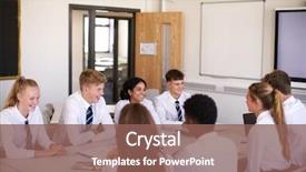  Presentation with high school students - Audience pleasing PPT theme consisting of line of high school students backdrop and a violet colored foreground