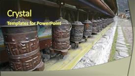  Presentation with prayer - PPT theme having line of prayer wheels in a village on the annapurna trail background and a tawny brown colored foreground