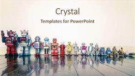  Presentation with robots - Presentation design featuring line of vintage robots background and a  colored foreground