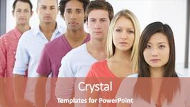  Presentation with casual young people - Colorful presentation theme enhanced with line of young business people backdrop and a coral colored foreground