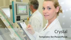  Presentation with factory insurance - Cool new theme with line site - portrait of woman with clipboard backdrop and a light gray colored foreground