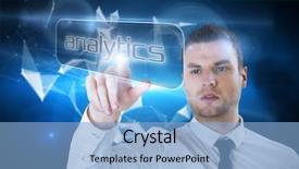  Presentation with analytics - Beautiful presentation design featuring linear angular - businessman pointing to word analytics backdrop and a light blue colored foreground