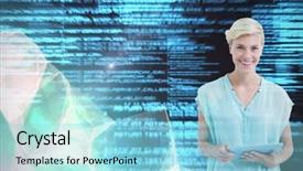  Presentation with futuristic - Slide deck having linear angular - woman standing with tablet background and a light blue colored foreground