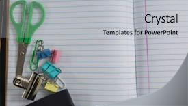  Presentation with notebook - Cool new slide deck with lined paper margin - close-up of various school supplies backdrop and a light gray colored foreground