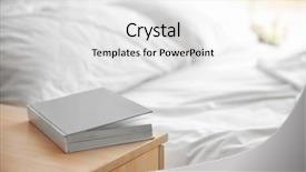  Presentation with linen - Slide deck featuring linen paper - closed book on wooden bedside background and a  colored foreground