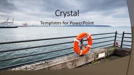  Presentation with sea floor - Amazing slide set having liner on the sea and water on view of empty old wooden floor with orange buoy on waterfront railing in cloudy sky backdrop and a light blue colored foreground