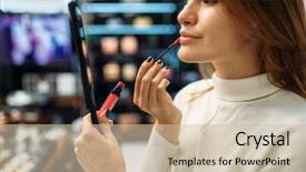  Presentation with testing - Beautiful slide deck featuring liners - female customer testing lip liner backdrop and a soft green colored foreground