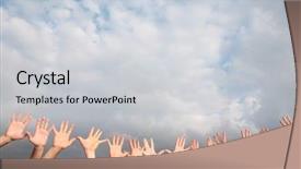  Presentation with woman hands raised to sky - Colorful presentation enhanced with lines blue white - raised hands on cloudy sky backdrop and a light gray colored foreground
