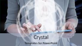  Presentation with tablet - Cool new presentation theme with lines of white arrow backdrop and a light blue colored foreground