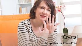  Presentation with finger point - PPT layouts consisting of linguistics - woman doing eft background and a coral colored foreground