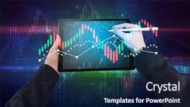  Presentation with tablet - PPT theme featuring linkedlist - hand touching tablet with worldwide background and a navy blue colored foreground