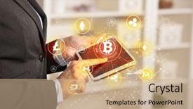  Presentation with bitcoin network - Slide deck with business woman using tablet with cryptocurrency bitcoin link network concept background and a coral colored foreground