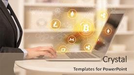  Presentation with bitcoin network - Cool new theme with buying electricity - business woman working on tablet backdrop and a lemonade colored foreground