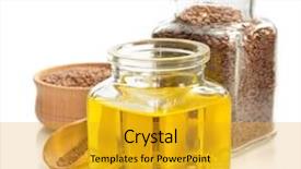  Presentation with oil rig in white and black - Amazing slide deck having linseeds - linseed oil in bottle isolated backdrop and a gold colored foreground