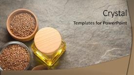  Presentation with oil seeds - Theme featuring linseeds - linseed oil in bottle background and a light gray colored foreground