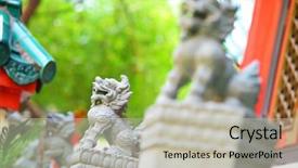  Presentation with chinese temple - Beautiful PPT theme featuring lion statue in chinese temple backdrop and a light gray colored foreground