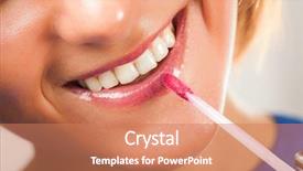  Presentation with makeup fashion model applying lipstick - Audience pleasing PPT theme consisting of lip gloss - attractive woman applying makeup backdrop and a coral colored foreground