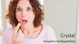  Presentation with makeup fashion model applying lipstick - PPT layouts having lipstick on the lips scare background and a light gray colored foreground