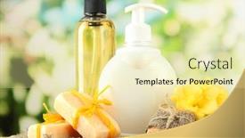  Presentation with liquid - Presentation theme having liquid and hand-made soaps on wooden table on green background background and a blonde colored foreground