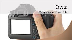  Presentation with camera - PPT theme with liquid crystal - photo camera in hand isolated background and a light gray colored foreground