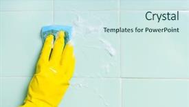  Presentation with turquoise and yellow music - PPT theme consisting of liquid detergent - hand in yellow glove background and a sky blue colored foreground