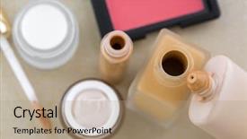  Presentation with plastic product - PPT theme with liquid foundation in glass bottle background and a coral colored foreground