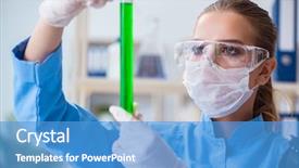  Presentation with animal testing scientist doing experiment - PPT theme featuring liquid medication - female scientist researcher conducting background and a teal colored foreground
