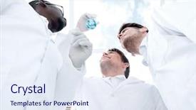  Presentation with animal testing scientist doing experiment - Presentation theme consisting of liquid medication - group of scientists looking background and a sky blue colored foreground