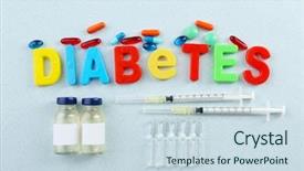  Presentation with medicines - Amazing PPT theme having liquid medication - medicines with word diabetes backdrop and a sky blue colored foreground