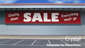  Presentation with retail - Audience pleasing slides consisting of liquidate - retail building with a banner backdrop and a gray colored foreground