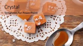  Presentation with table salt - PPT theme featuring liquir sales - tasty caramel candies with salt background and a coral colored foreground