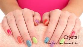  Presentation with manicure - Theme with hang happy new year text in ball and 2018 written with sparkle fireworks on gold bokeh background background and a tawny brown colored foreground.