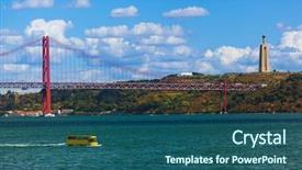  Presentation with bridge - Amazing PPT theme having lisbon and 25th of april backdrop and a ocean colored foreground