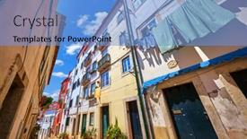  Presentation with building houses - Audience pleasing slides consisting of lisbon-portugal-antique-alfama-district backdrop and a light blue colored foreground